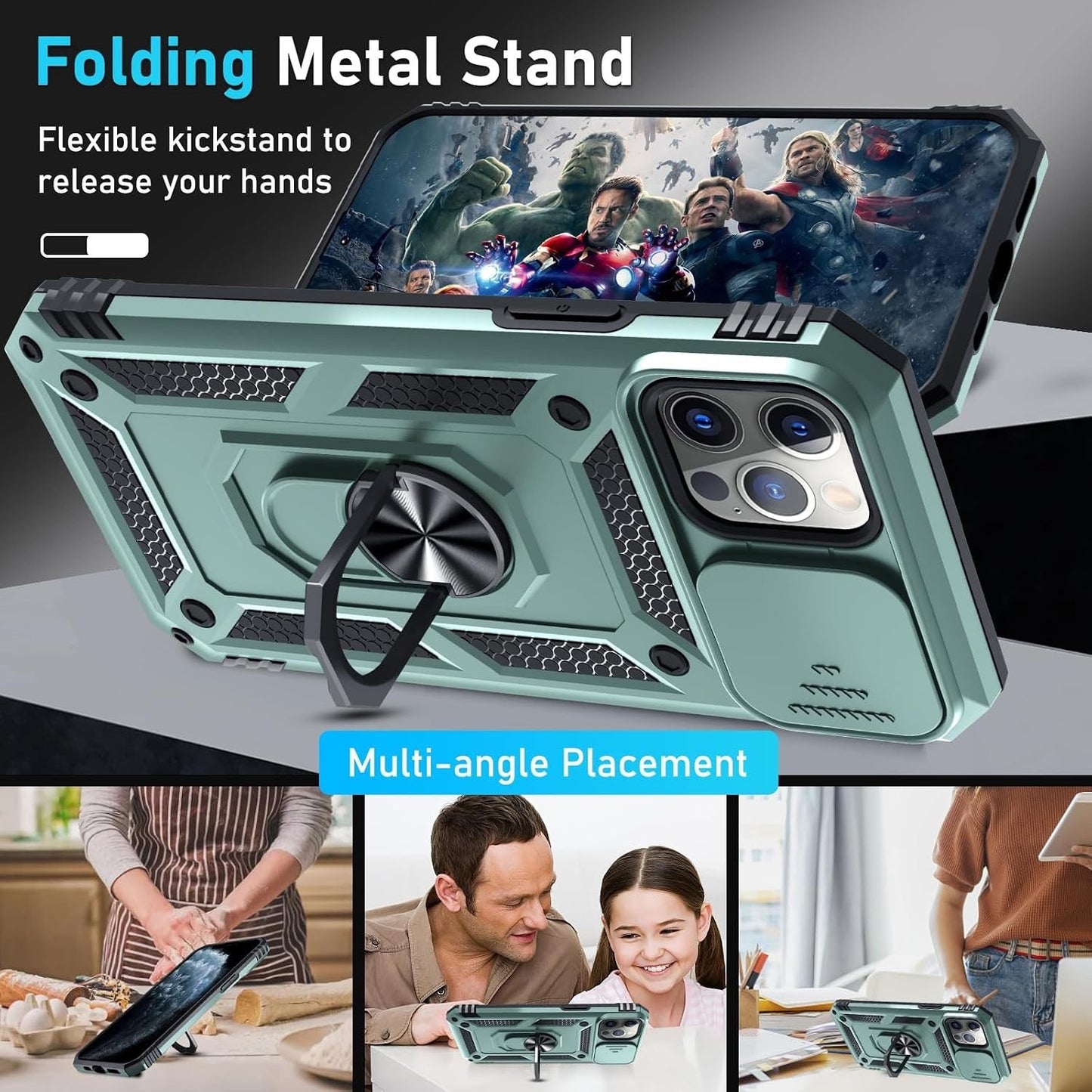 Janmitta Case For IPhone 11 Pro Max Phone Cover Built In Slide Camera Lens Cover+Screen Protector,Heavy Duty Shockproof Full Body PhoneCase With Finger Ring Holder Kickstand,Dark Green