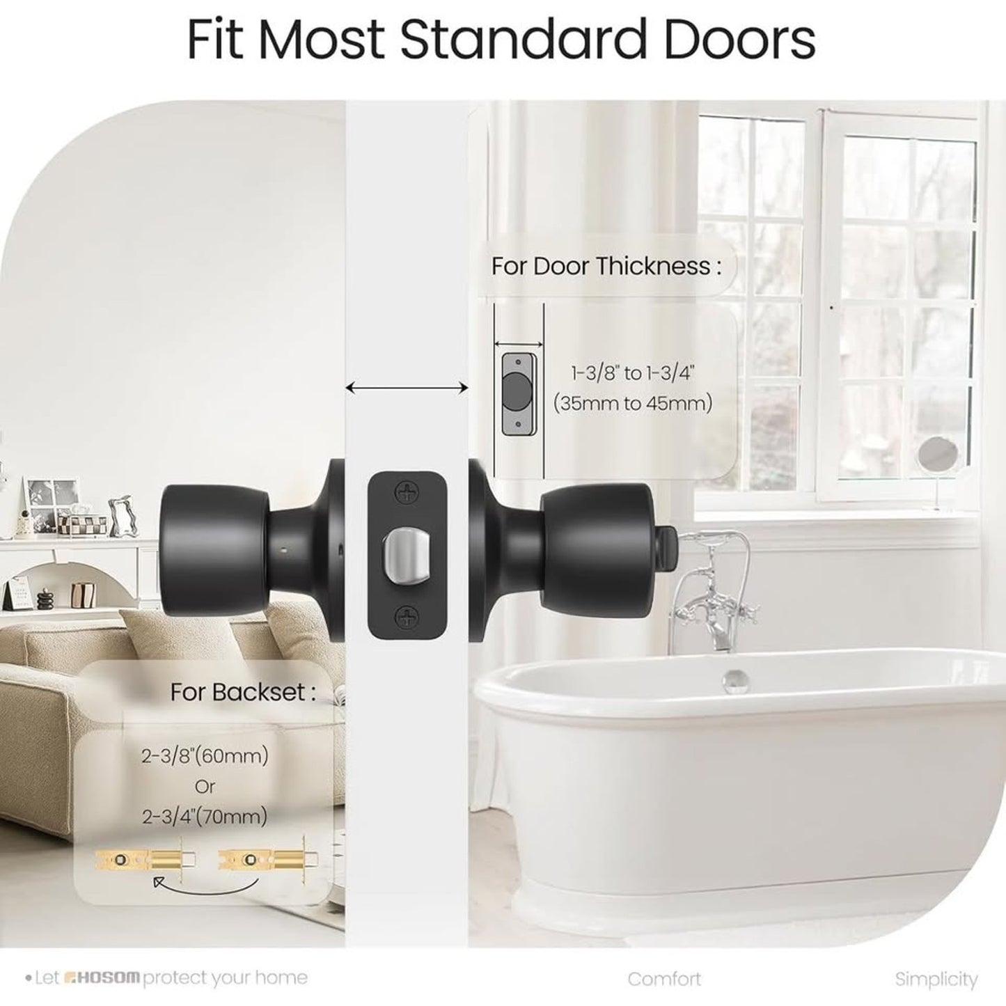 HOSOM Privacy Door Knob With Lock, Matte Black Door Knob Set Door Handles-Black