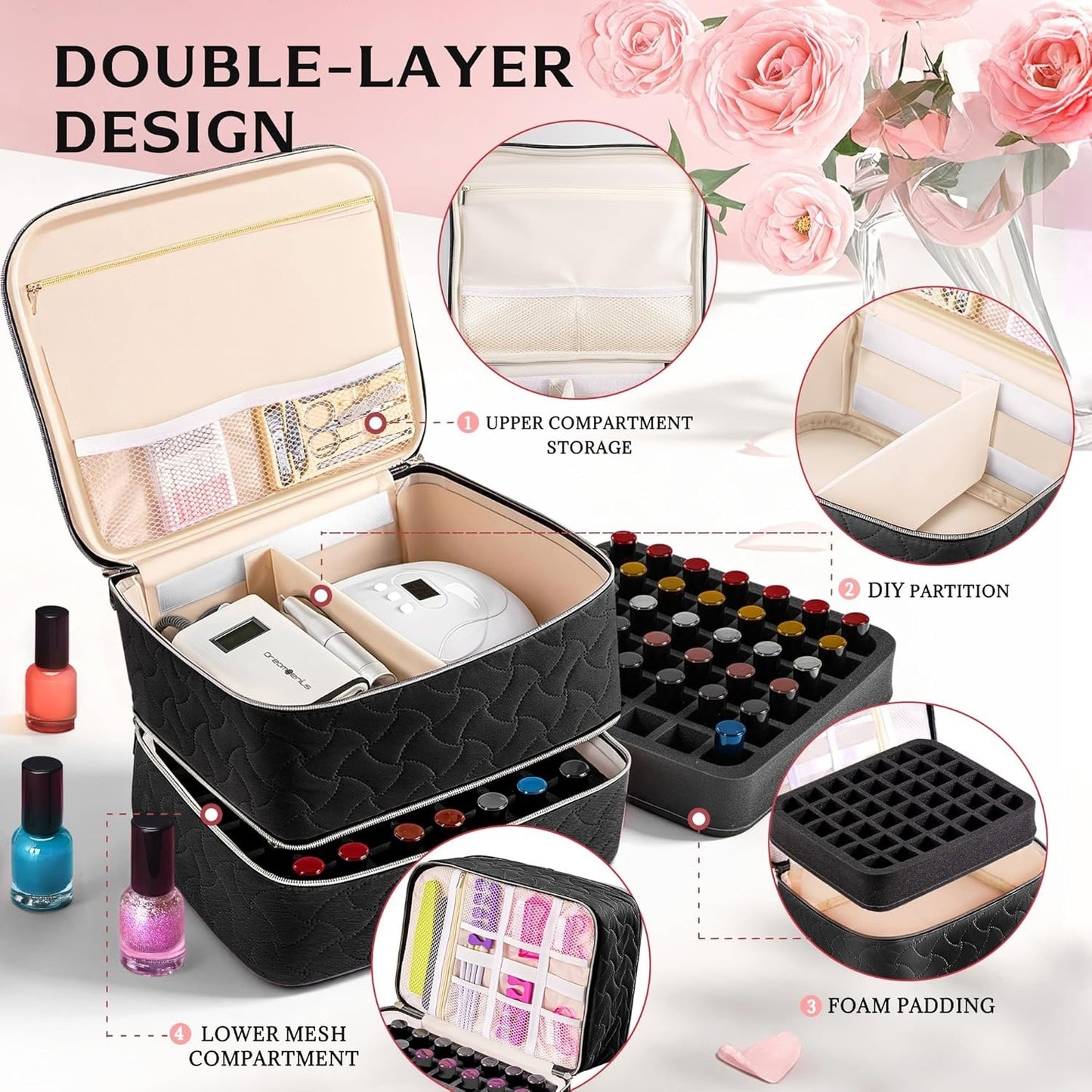 DreamGenius Nail Polish Organizer Case Holds 42 Bottles, Portable Double-Layer Nail Polish Storage