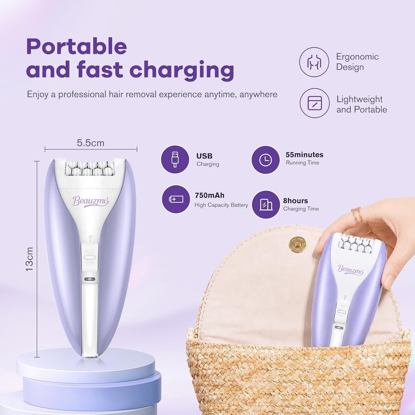 Silent Epilator for Women, 2-Speed Facial & Body Hair Remover, Smooth (Purple)