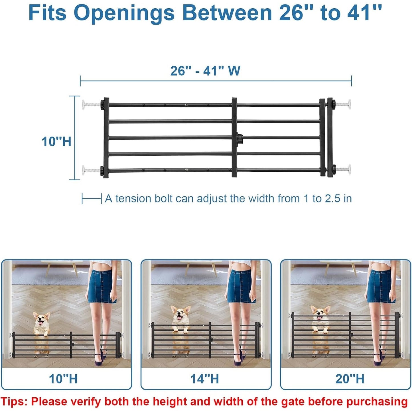 Malier Indoor Dog Gate With Door, 26-41" Extra Wide Full Metal Pet Gate Short Dog Gate For Stairs, Pressure Mount 10'' Tall Small Puppy Low Gate Easy Step Over For Doorways-Black