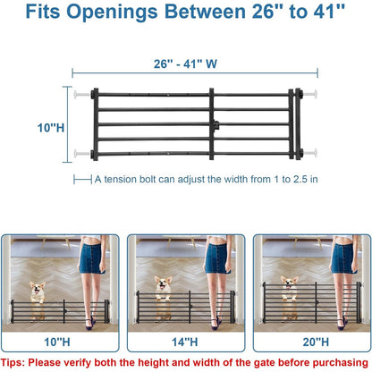 Malier Indoor Dog Gate With Door, 26-41" Extra Wide Full Metal Pet Gate Short Dog Gate For Stairs, Pressure Mount 10'' Tall Small Puppy Low Gate Easy Step Over For Doorways-Black