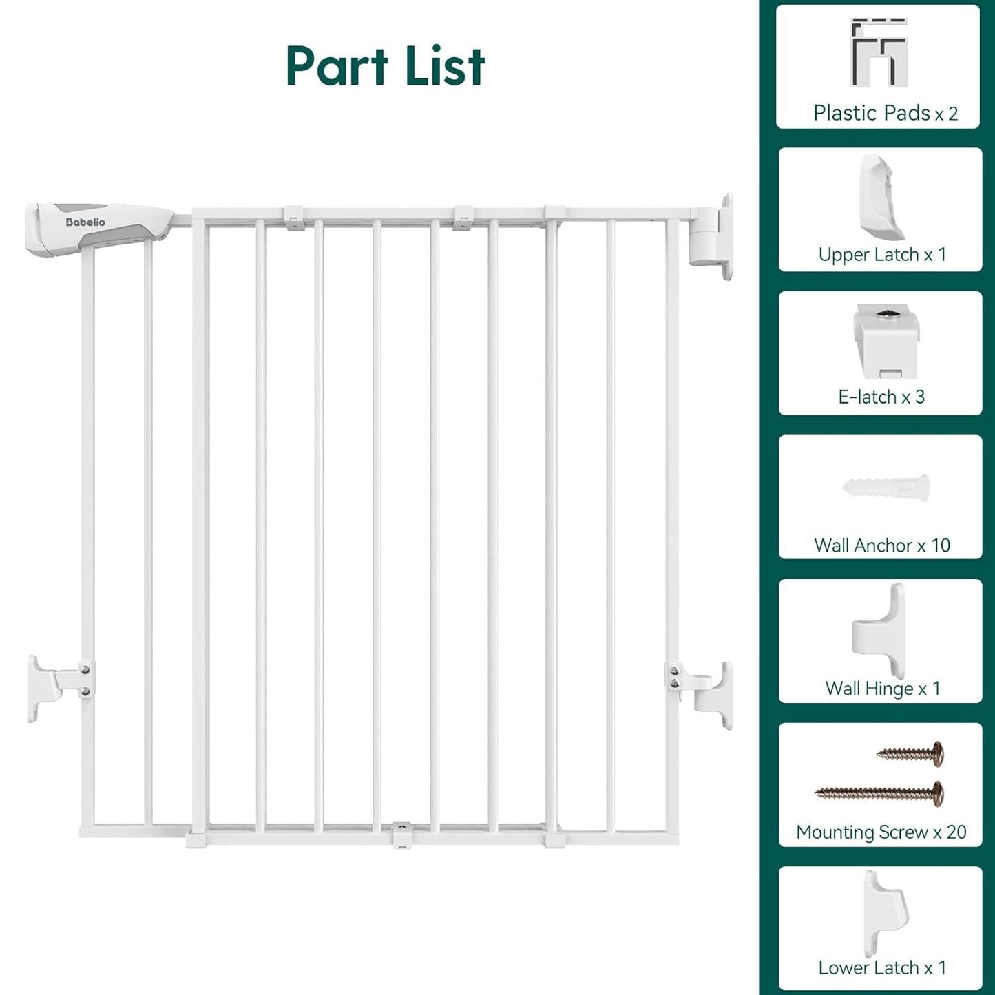Babelio Baby Gate For Stairs, Kitchen & Doorways, 26-43" W 28" H No Bottom Bar| Easy Installation| One-Handed Operation| Auto-Close| Hardware Mount (Drill Needed) Safety Dog/Pet Gate Indoor (White)