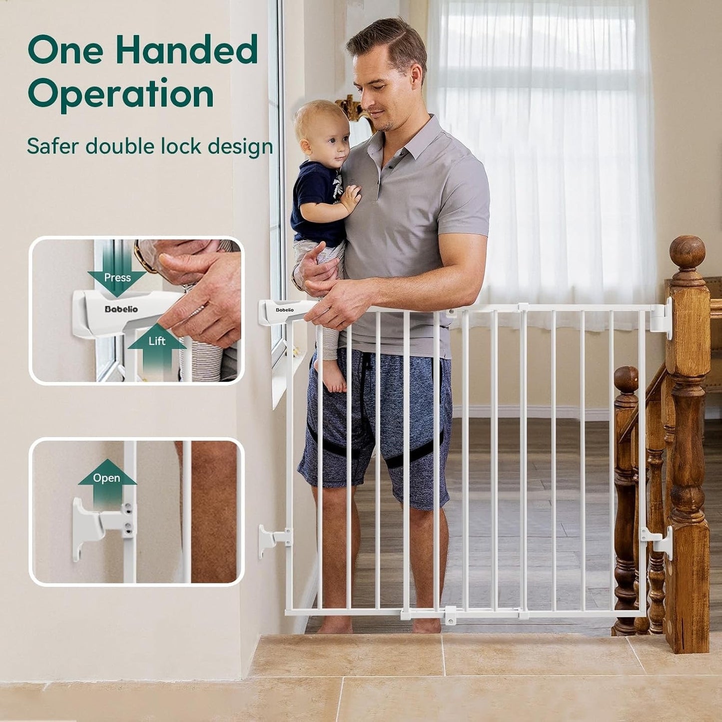Babelio Baby Gate For Stairs, Kitchen & Doorways, 26-43" W 28" H No Bottom Bar| Easy Installation| One-Handed Operation| Auto-Close| Hardware Mount (Drill Needed) Safety Dog/Pet Gate Indoor (White)