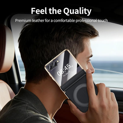 YOOVEI For Galaxy Z Flip 6 Case Luxury Leather With Screen Protector [Hinge Protection],Fit For Magsafe,Magnetic Kickstand & Ring Holder For Samsung Z Flip 6 Case Black.