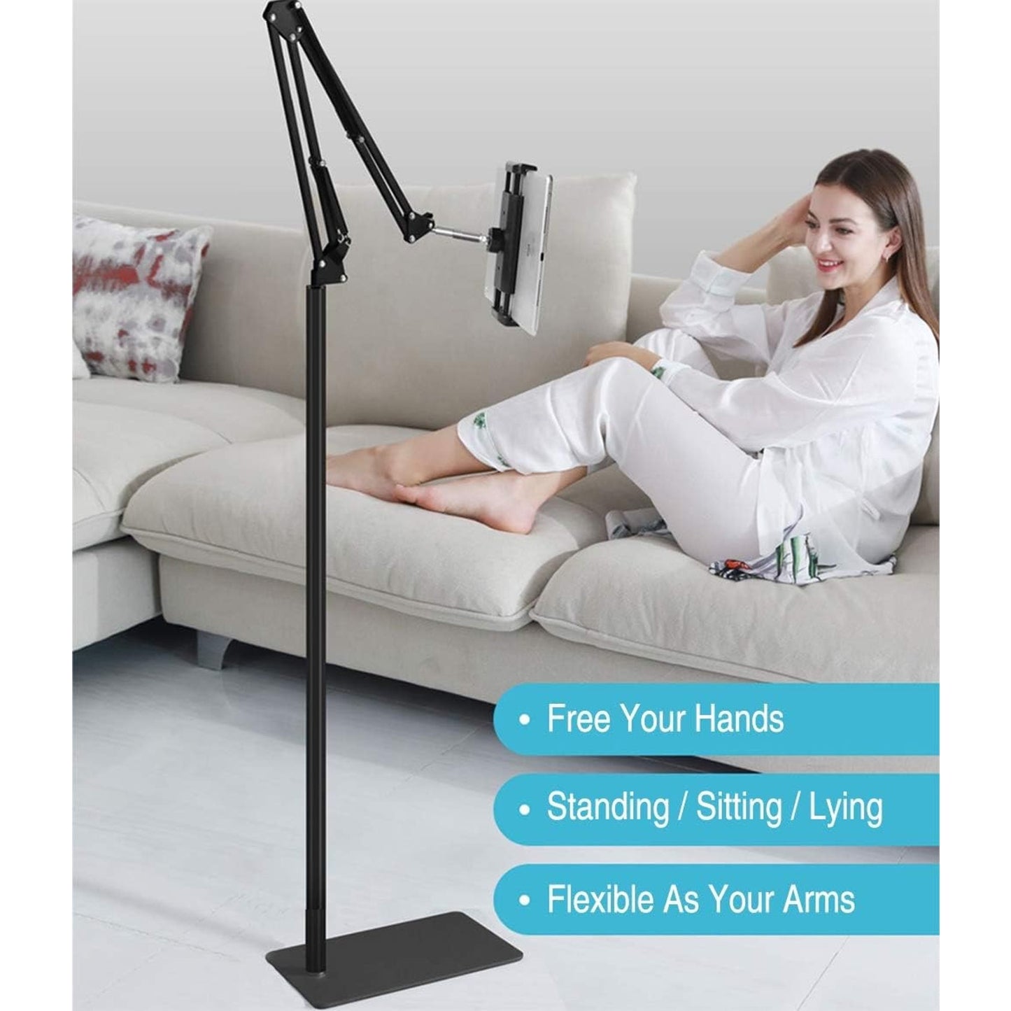 Tablet Floor Stand With 5LB Metal Base, Overhead Bed Phone Stand Angle Height Adjustable Holder, Universal Floor Stand Compatible With IPhone IPad Pro Air Mini, Samsung Tab, Kindle, E-Readers.