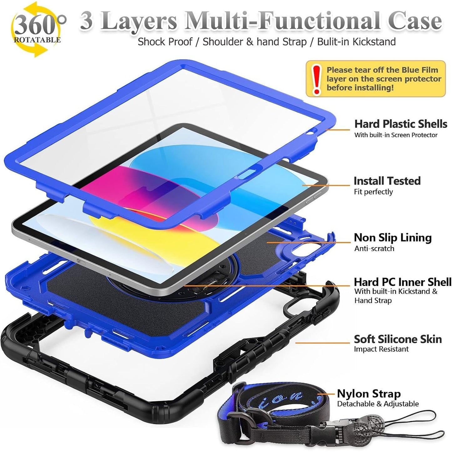 SEYMAC Stock Case For IPad (A16) 11th/10th Generation 11''/10.9'',Blue+Black