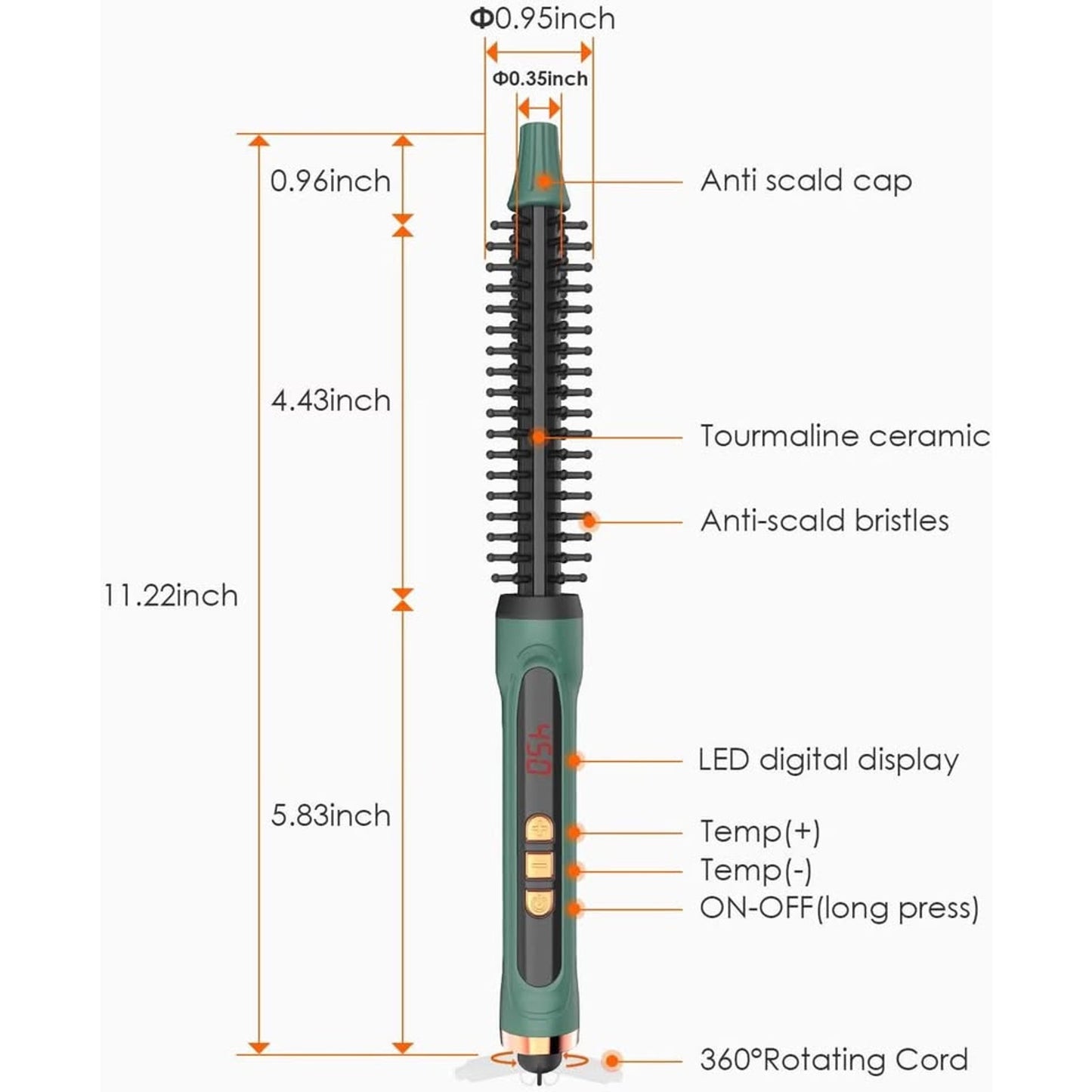 BANGMENG Mini Thermal Round Brush, 0.35 Inch Barrel Volume Heat Styling Brush For Men And Women Short Thin Curly Straight Hair, Heated Curling Iron,12 Temperature Setting (0.95 Inch With Bristles)