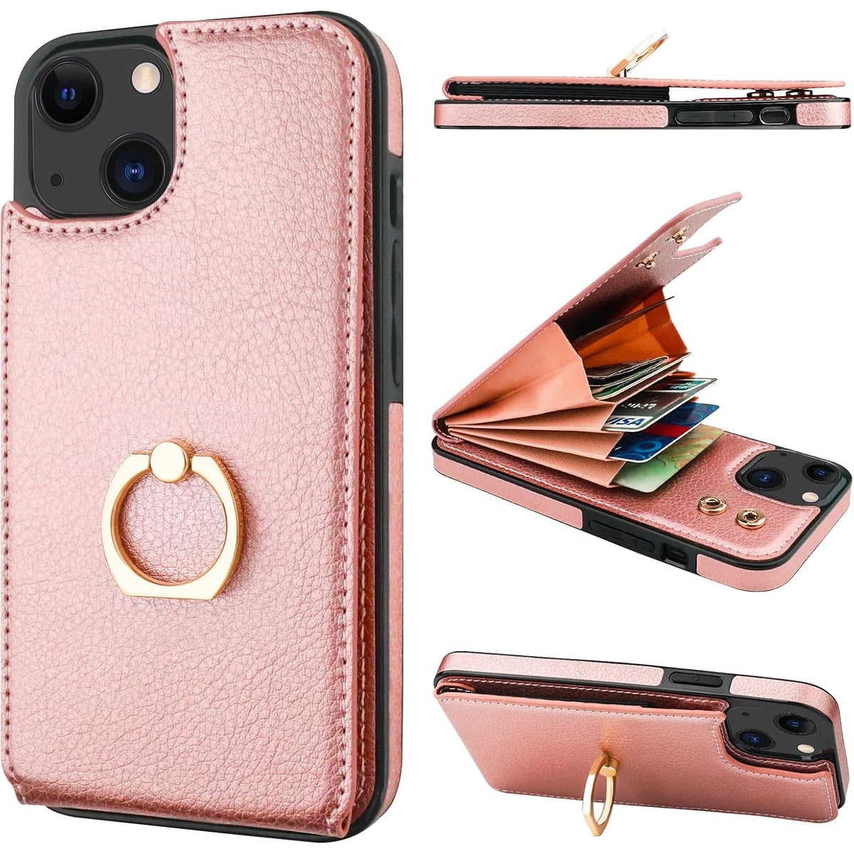 Folosu Compatible with iPhone 13 Case Wallet with Card Holder, 360°Rot Rose Gold