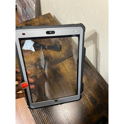 MRUOZRUI 10.2 Waterproof Case Compatible With IPad 9th 8th 7th Generation 2021/2020/2019, Built-In Screen Protector With Strap Stand Pencil Holder, Full Body Heavy Duty Protective Shockproof-Black/Gray. (small crack)