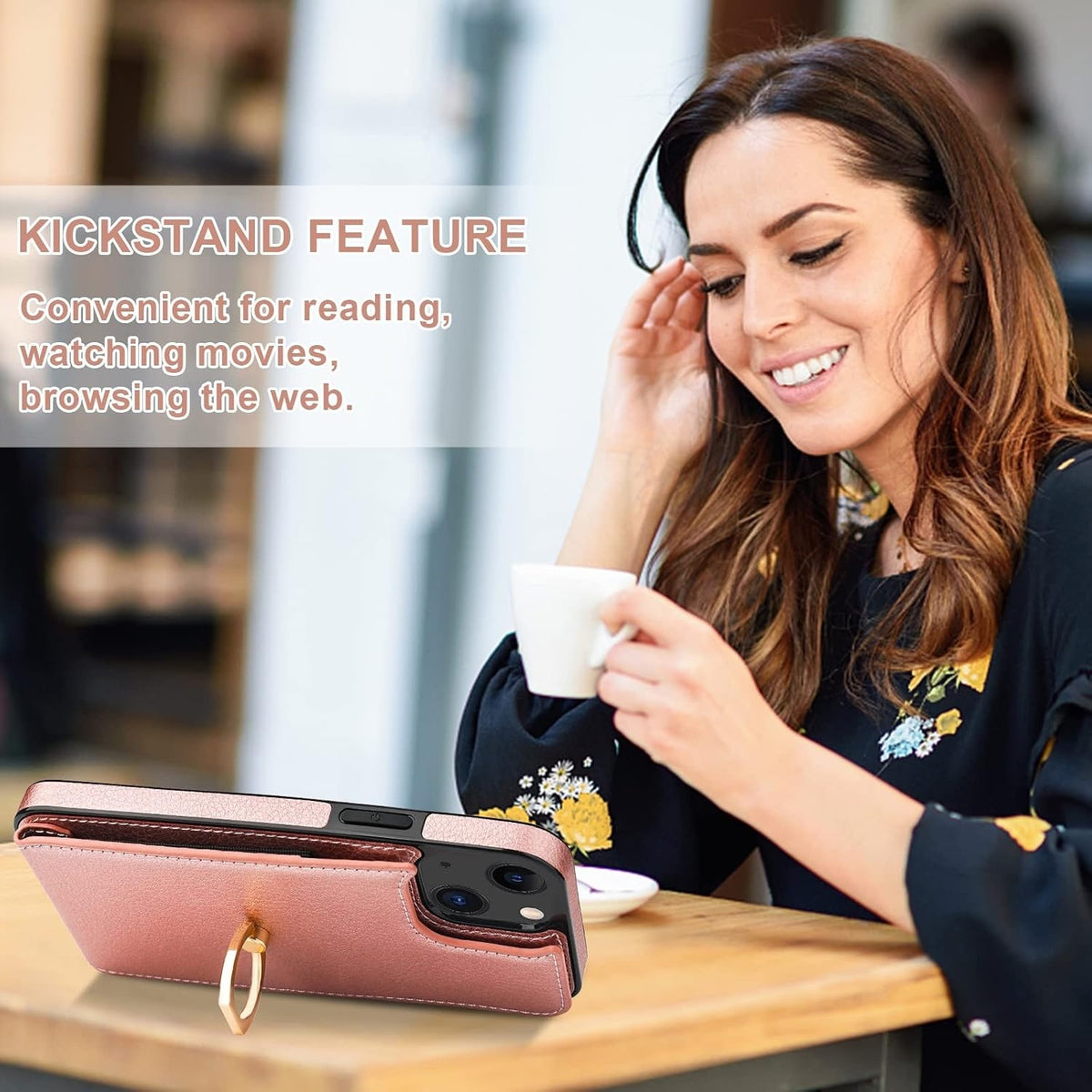 Folosu Compatible with iPhone 13 Case Wallet with Card Holder, 360°Rot Rose Gold