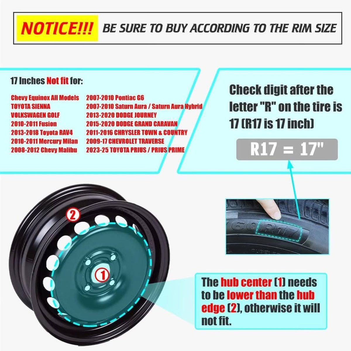 I1MOTOR Hubcaps 17'', Wheel Rim Cover Universal R17 Hub Caps, Snap On Car Pickup