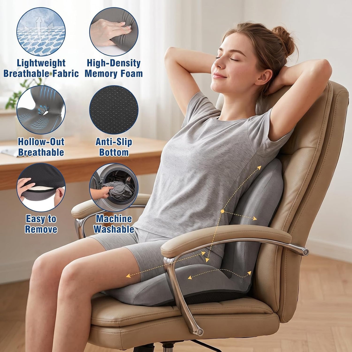 Car Seat Cushion Office Chair Cushion with Lumbar Support Pillow-GRAY