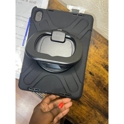 BRAECN Case For IPad (A16) 11th/10th Generation 11”/10.9'' 2025/2022, Protective Silicone Rugged With Screen Protector/Swivel Ring Stand/Stable Kickstand/Handle Grip/Shoulder Strap For Kids, Black.