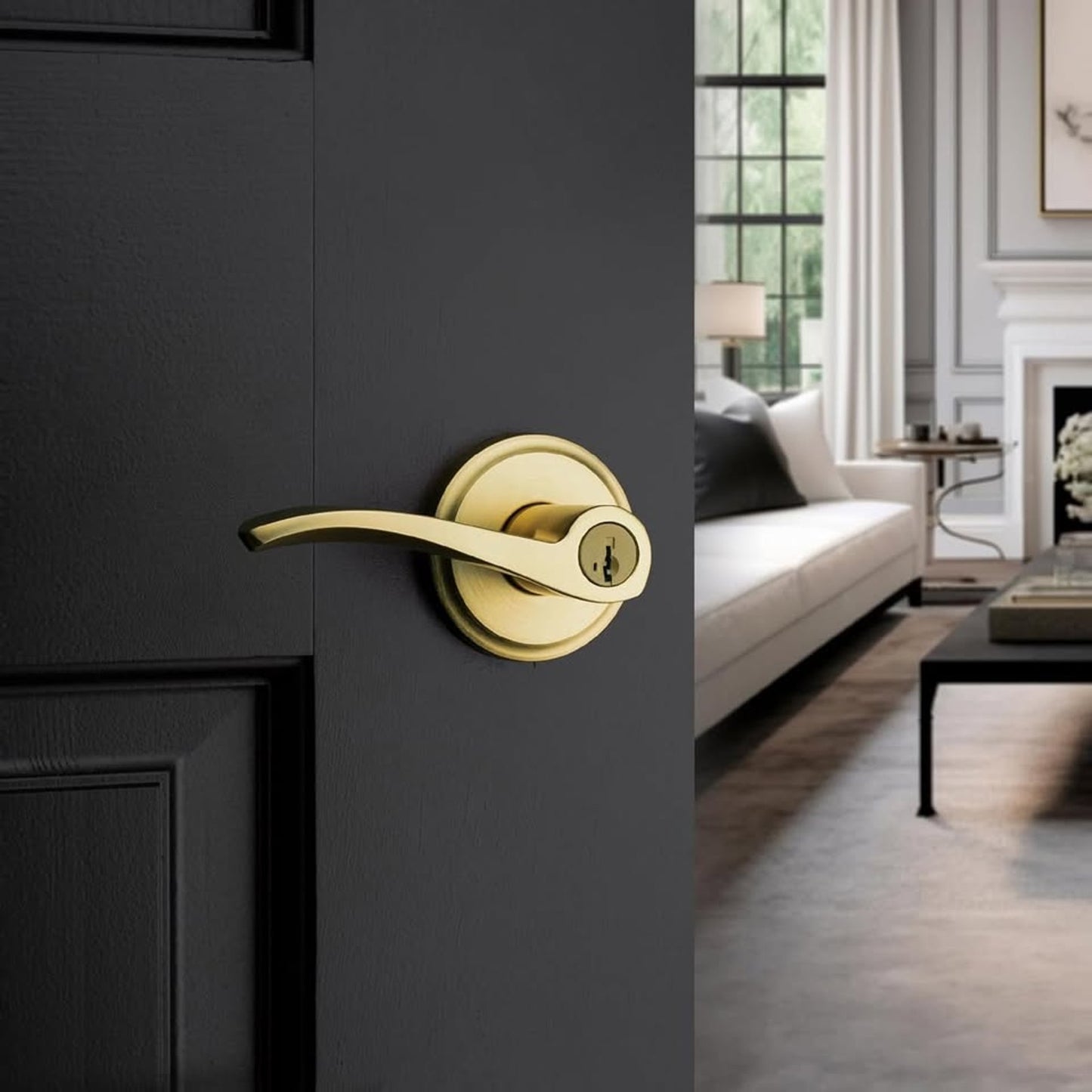Kwikset Sedona Entry Door Handle With Lock And Key, Secure Keyed Reversible Lever Exterior, For Front Entrance And Bedrooms, Satin Brass, Pick Resistant Smartkey Rekey Security And Microban (No keys / Missing)