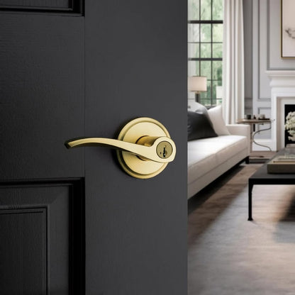 Kwikset Sedona Entry Door Handle With Lock And Key, Secure Keyed Reversible Lever Exterior, For Front Entrance And Bedrooms, Satin Brass, Pick Resistant Smartkey Rekey Security And Microban (No keys / Missing)