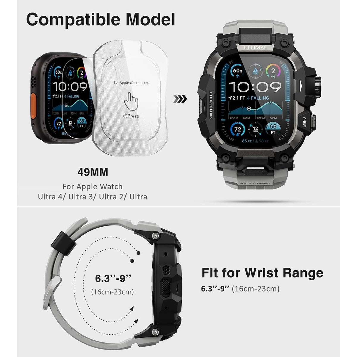 ULTIMAL Rugged Case with Band for Apple Watch Ultra 4/3/2/1, 49mm Gray