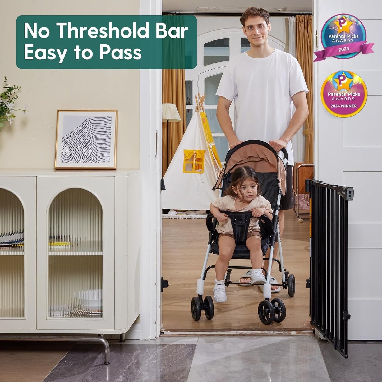 Babelio Baby Gate for Stairs, Kitchen & Doorways, No Bottom Bar| One-Handed