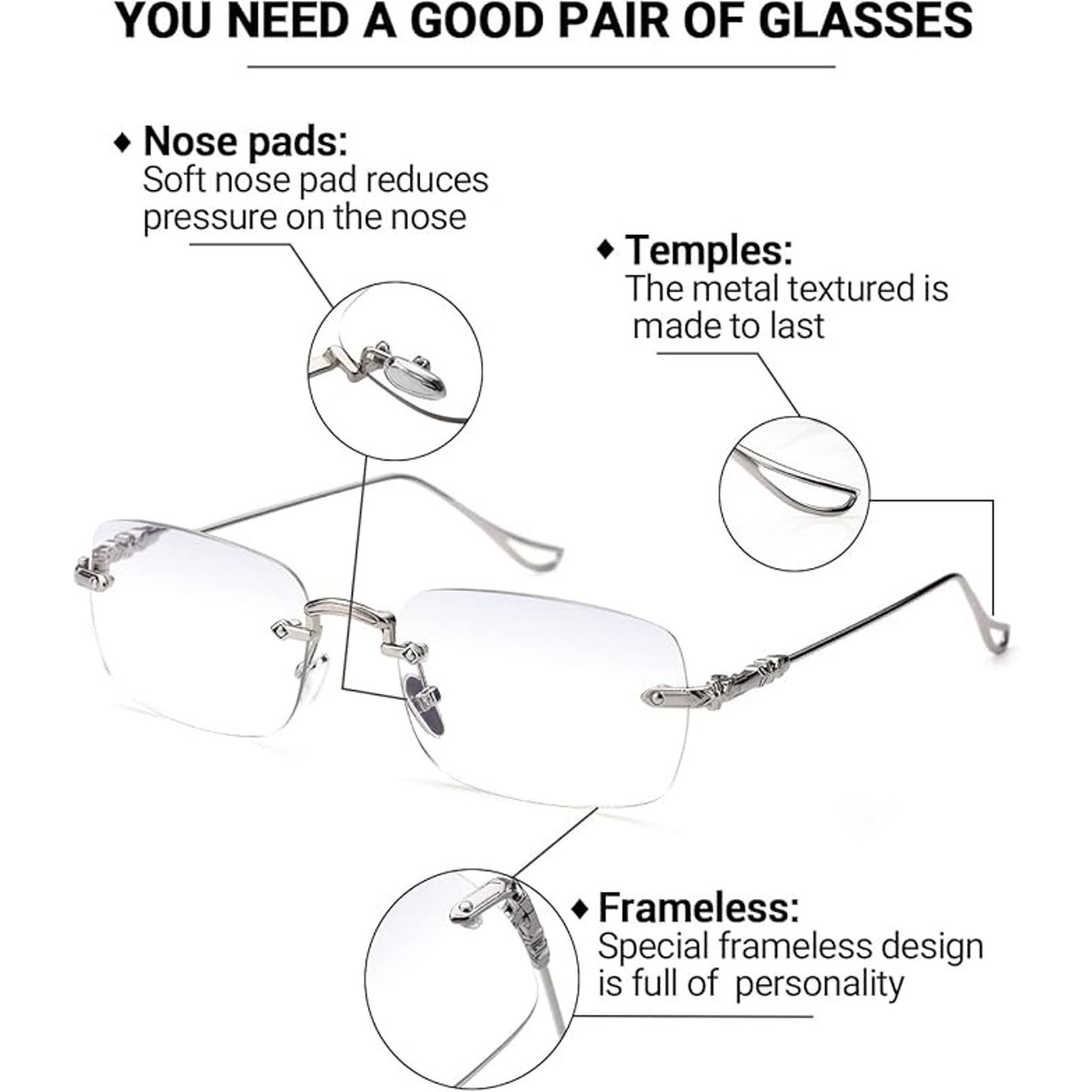 TERAISE 3Packs Frameless Metal Reading Glasses For Men/Women Blue Light Blocking