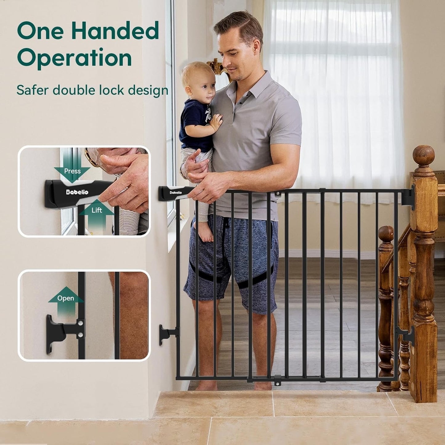 Babelio Baby Gate for Stairs, Kitchen & Doorways, No Bottom Bar| One-Handed