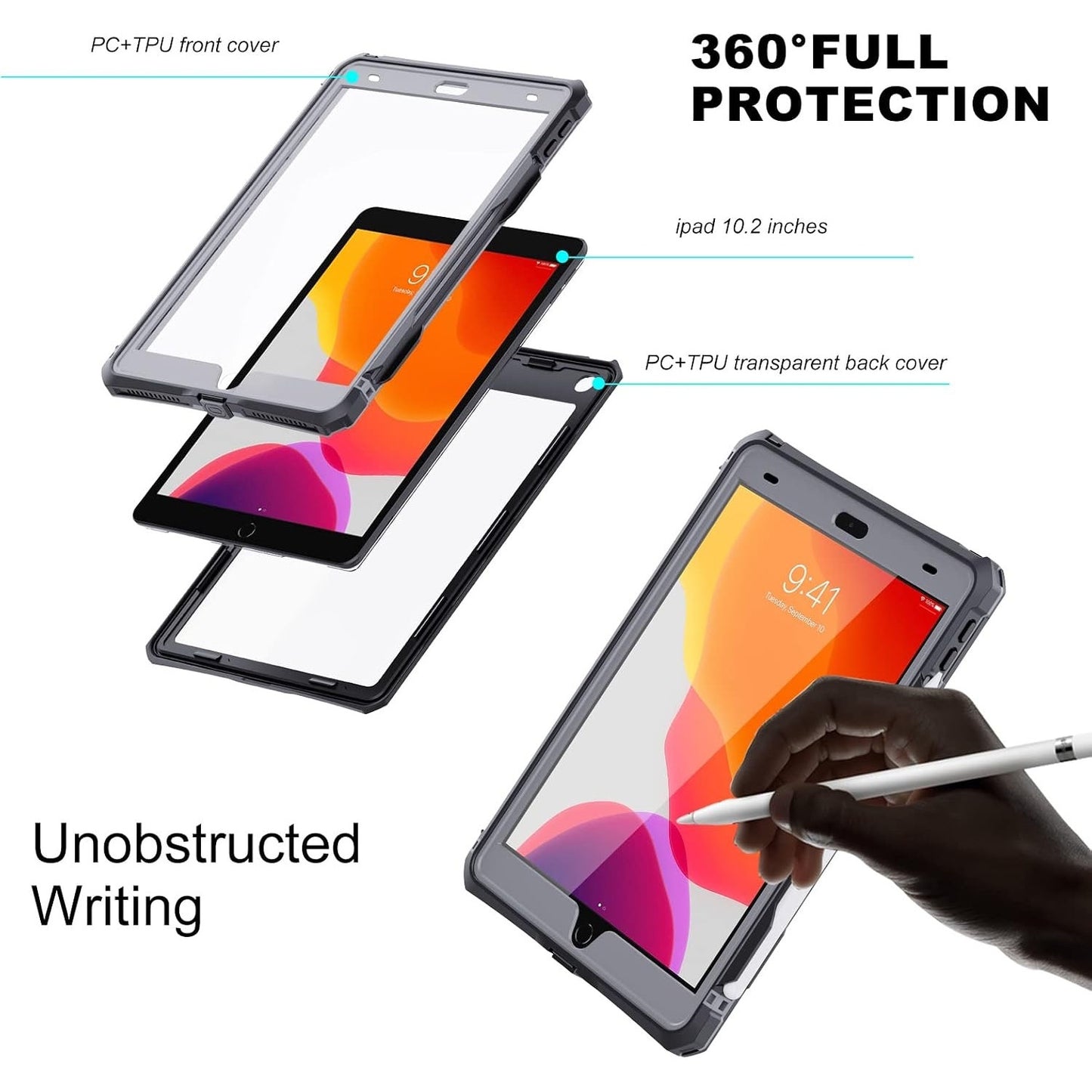 MRUOZRUI 10.2 Waterproof Case Compatible With IPad 9th 8th 7th Generation 2021/2020/2019, Built-In Screen Protector With Strap Stand Pencil Holder, Full Body Heavy Duty Protective Shockproof-Black/Gray. (small crack)