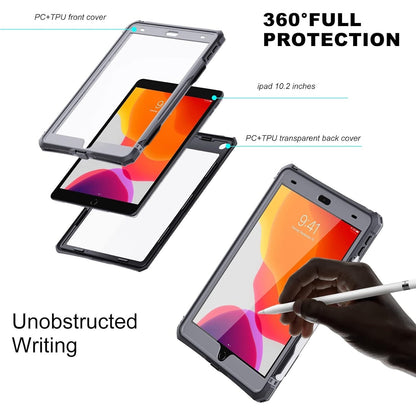 MRUOZRUI 10.2 Waterproof Case Compatible With IPad 9th 8th 7th Generation 2021/2020/2019, Built-In Screen Protector With Strap Stand Pencil Holder, Full Body Heavy Duty Protective Shockproof-Black/Gray. (small crack)