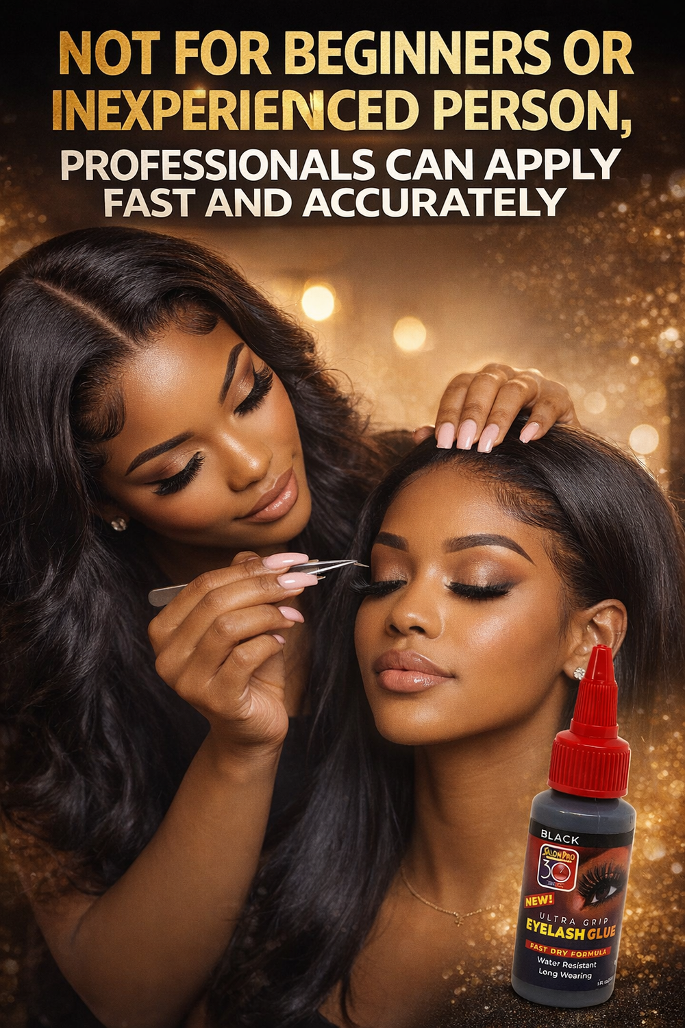 Woman applying eyelash glue with text indicating professional use