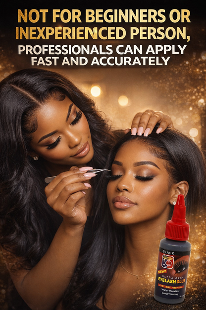 Woman applying eyelash glue with text indicating professional use