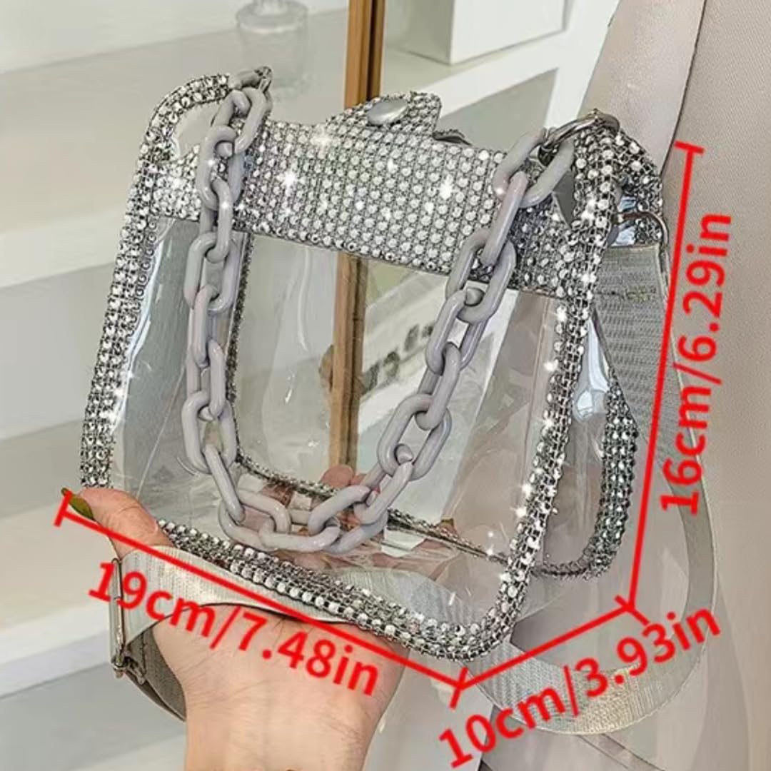 Clear Purse Transparent Bag Stadium Approved Crossbody Shoulder Bag Small Clear Purse With Plastic Gray Chain Handbag includes a RFID Card Blocker
