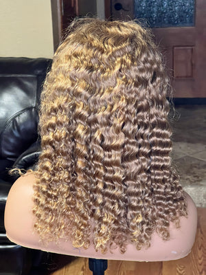 Deep Wave Curly Human Hair 16" Blonde #27 Color Hair 13x4 Full Frontal Lace Wig 200% Density